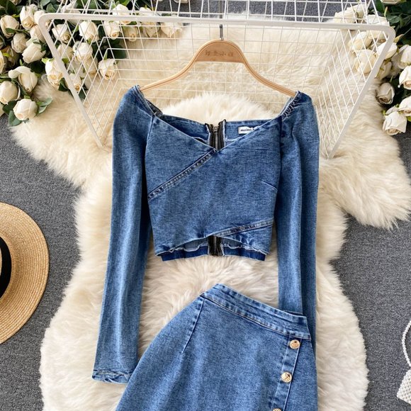 Denim Long Sleeve Top And High Waist Split Skirt Sets - Picture 4 of 6